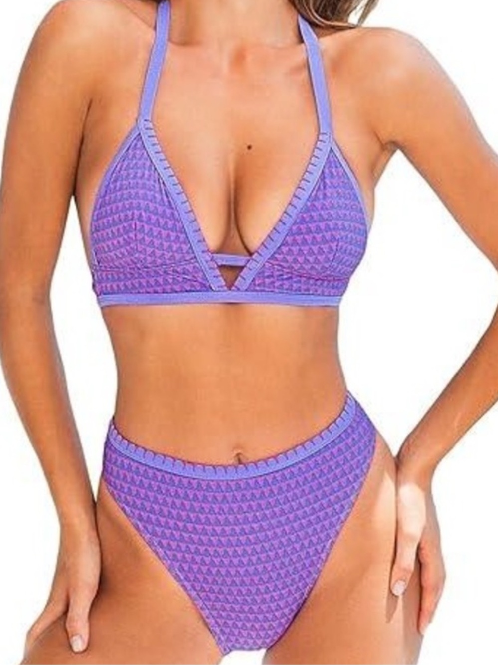 Cupshe NWT M Purple Pink geo print Textured Triangle Halter Bikini Set